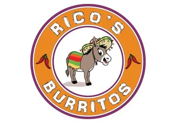 Logo of Rico's Burritos featuring a donkey wearing a sombrero, with red chili peppers on each side and orange border.