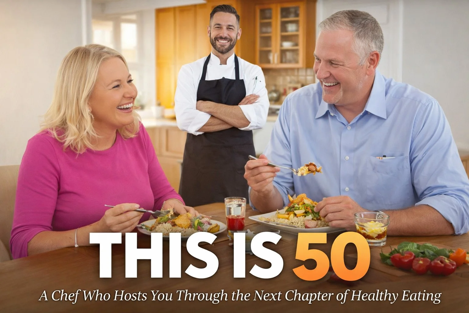 A smiling couple eating a healthy meal at home while a chef stands behind them in a kitchen.