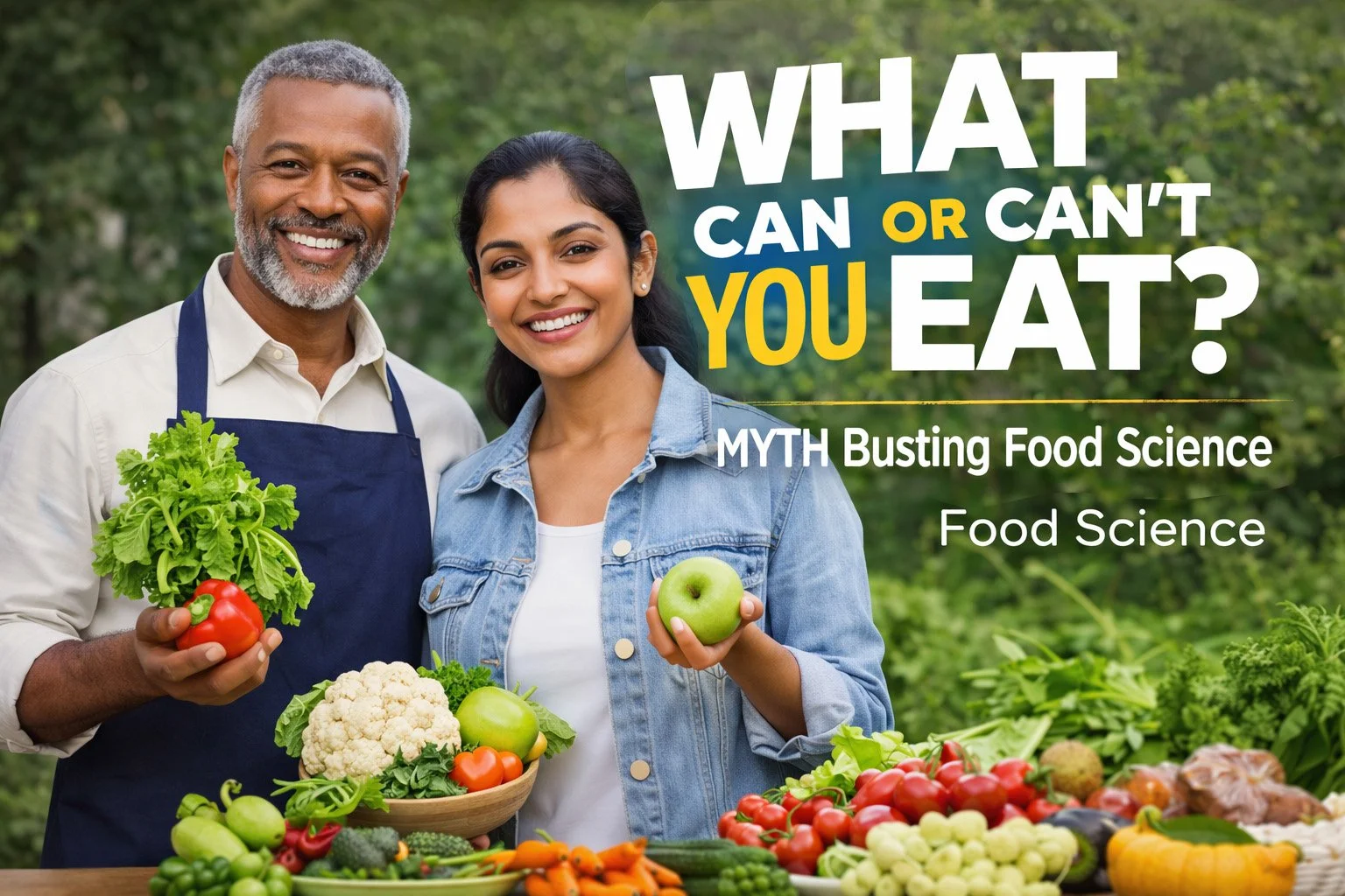 A man and woman holding fresh produce outdoors, representing myth-busting food science and nutrition education.