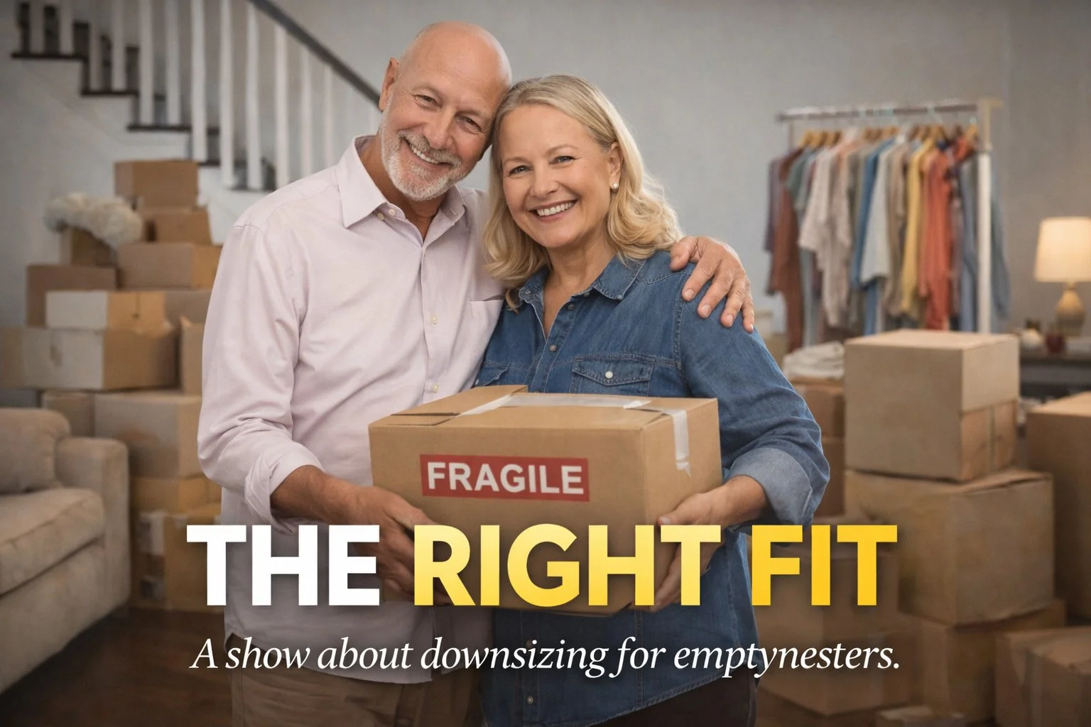 Promotional image for The Right Fit showing an empty-nest couple smiling while holding a moving box in a new home, representing downsizing and life transitions.