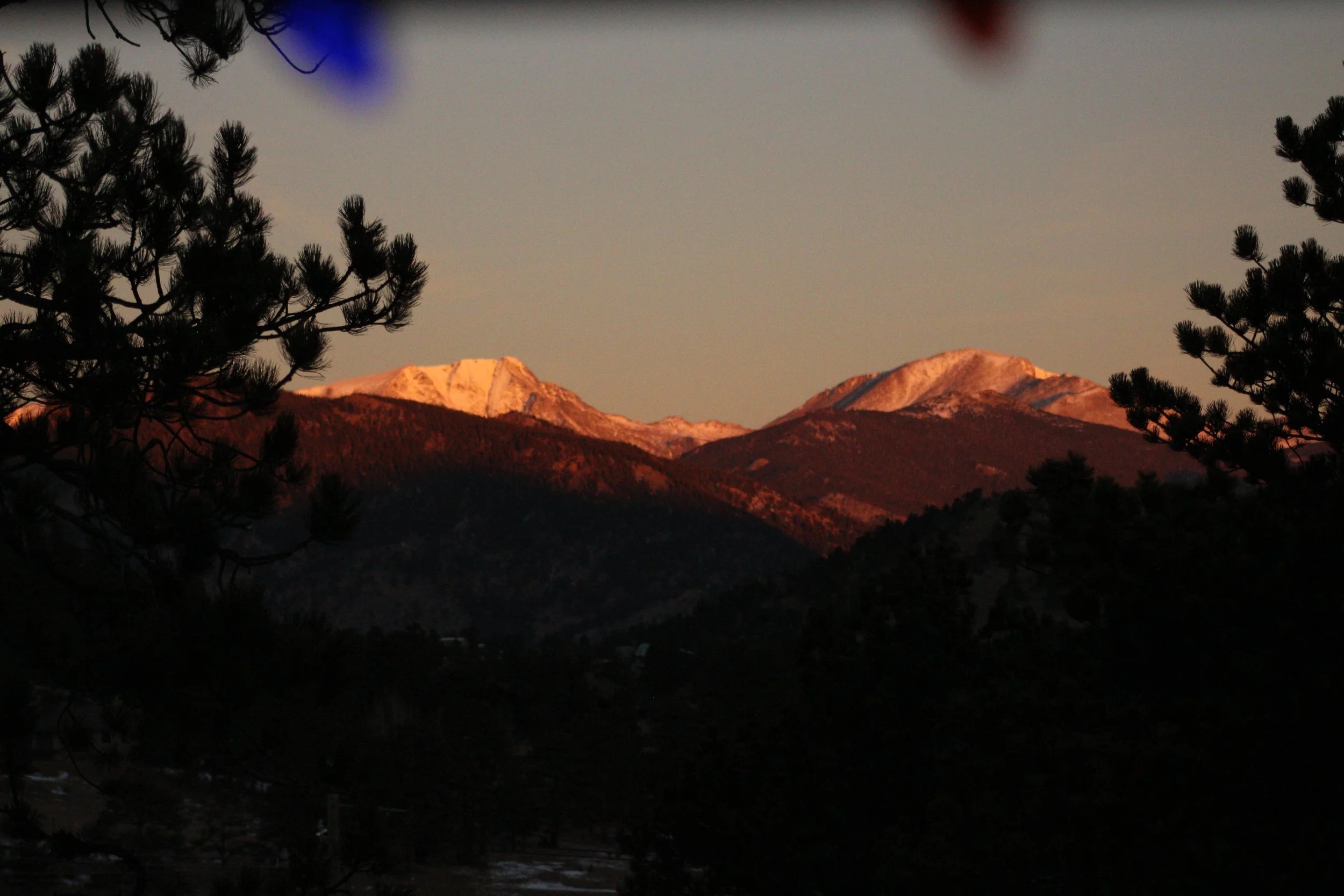 Sunset over snow-capped mountains framed by trees in the foreground.