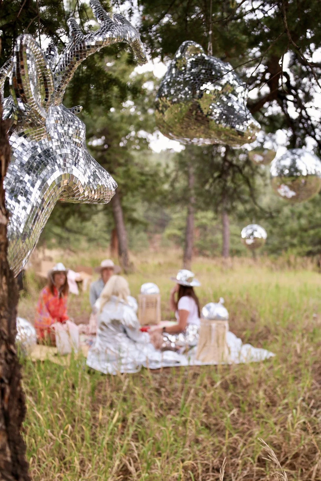 A group of people having a picnic in a forest clearing, decorated with large, shiny, mirrored disco ball-like sculptures of animal heads and balls hanging from the trees.