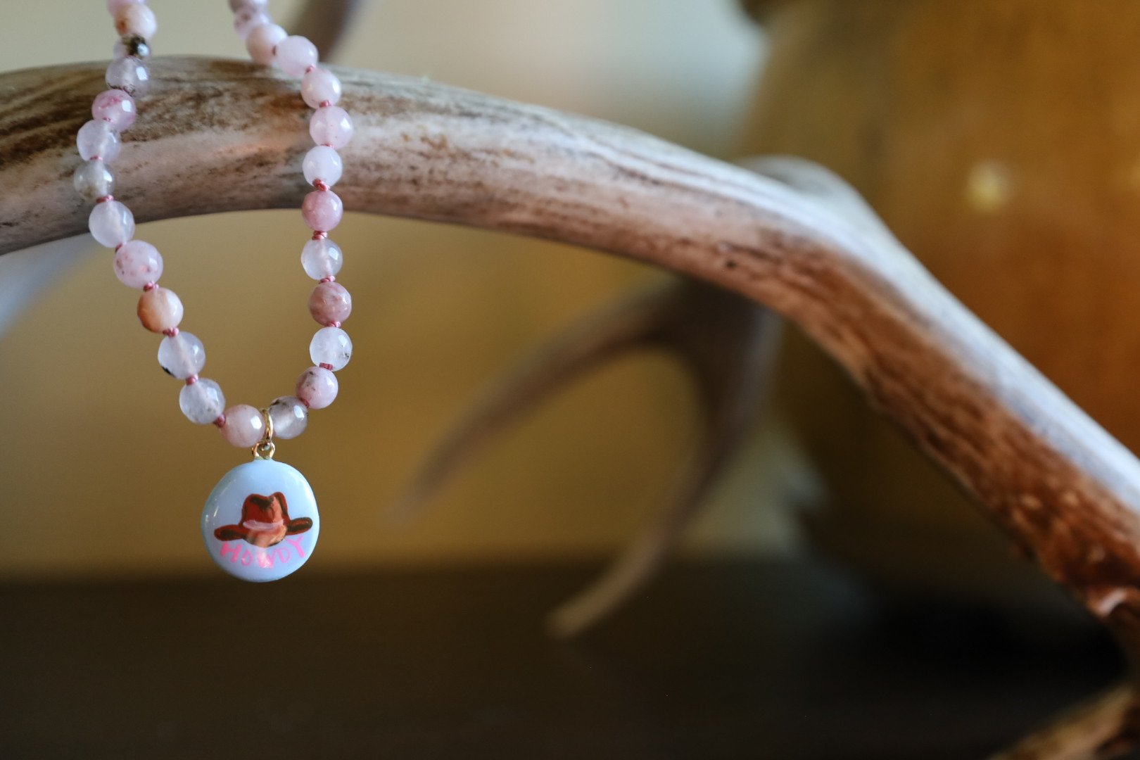 “Howdy” Pink Quartz Choker with Handmade Cowboy Hat Charm