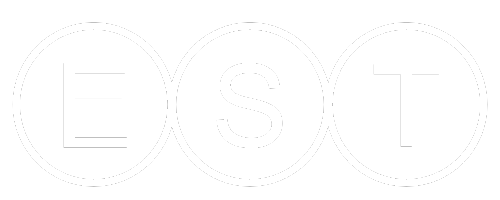 Graphic design with the letters E, S, T, each inside a black circle, spelling out 'EST' on a black background.