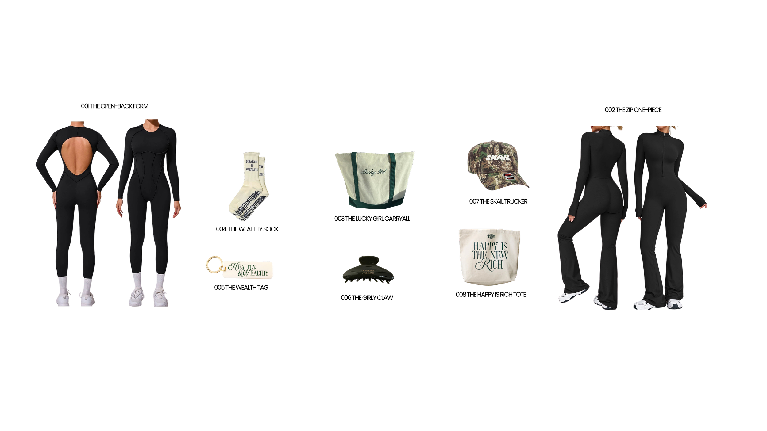 A collection of fashion items including two black jumpsuits, a pair of cream-colored socks, a tote bag with the text 'Happy is the new rich', a camouflage baseball cap, a black hair clip, and a small white keychain with the text 'Healthy & Wealthy'.