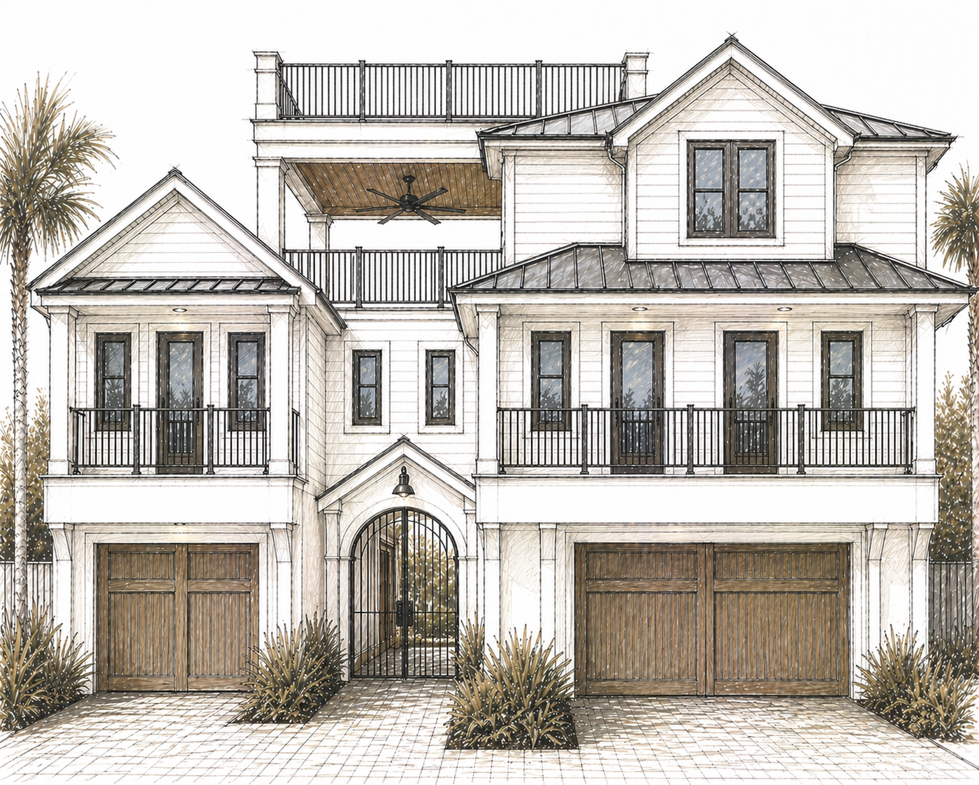 Architectural illustration of a modern, multi-story house with white siding, wooden garage doors, multiple black-framed windows, and a fenced front yard with tropical plants.
