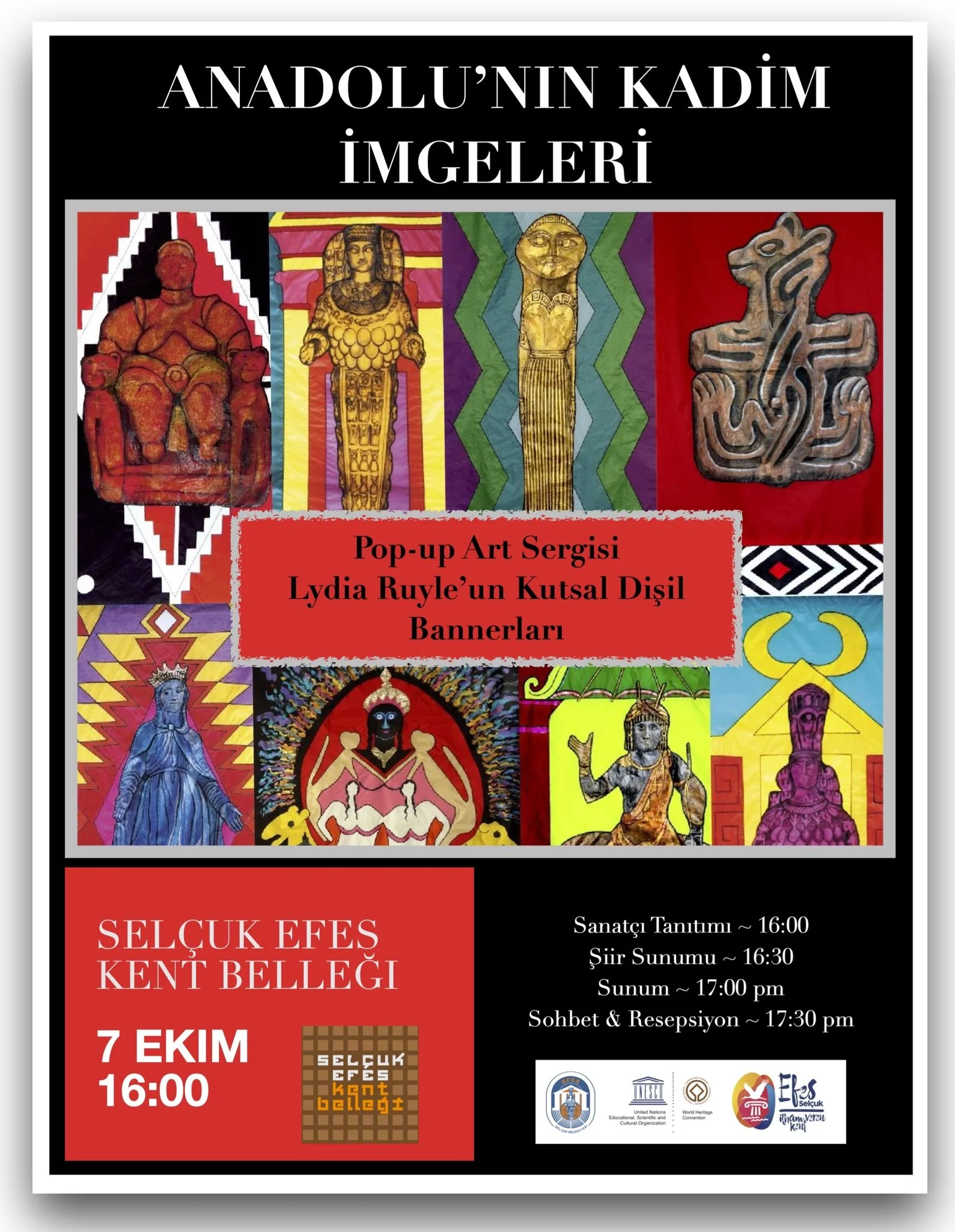 Poster for a Lydia Ruyle art exhibition titled 'Anadolu'nun Kadın İmgeleri' featuring images of traditional Anatolian female figurative art, with details about the event date, time, and location in Turkish.