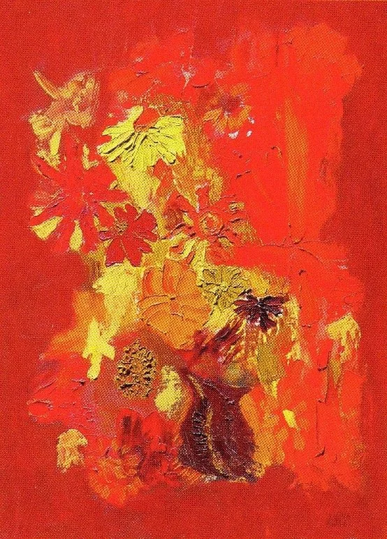 Abstract painting with red, yellow, orange, and dark colors, resembling leaves and flowers from Lydia Ruyle.