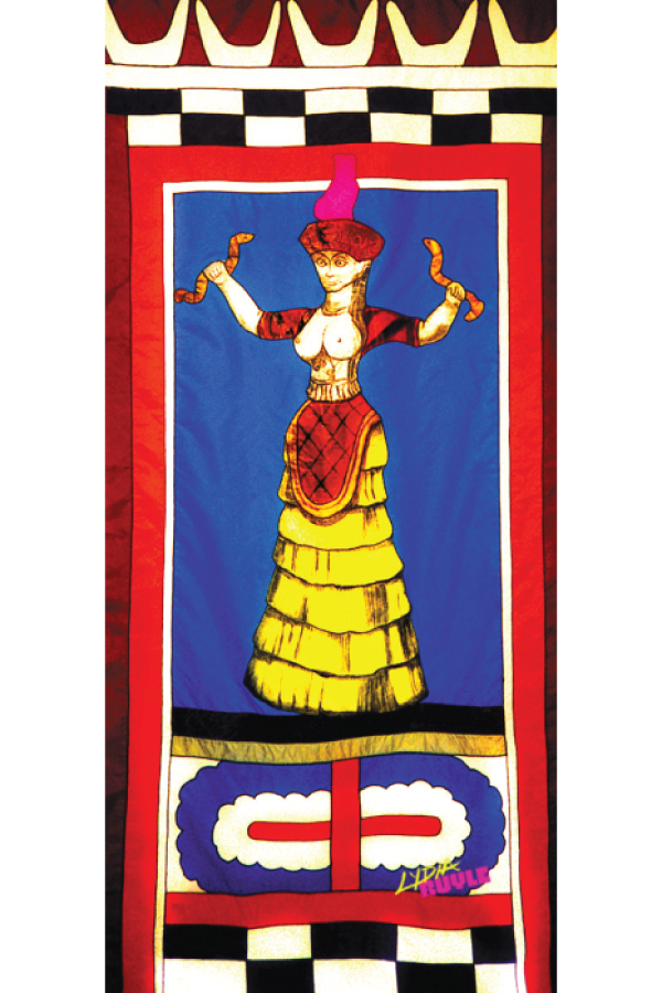 Lydia Ruyle's goddess banner of Snake Goddess of Crete.