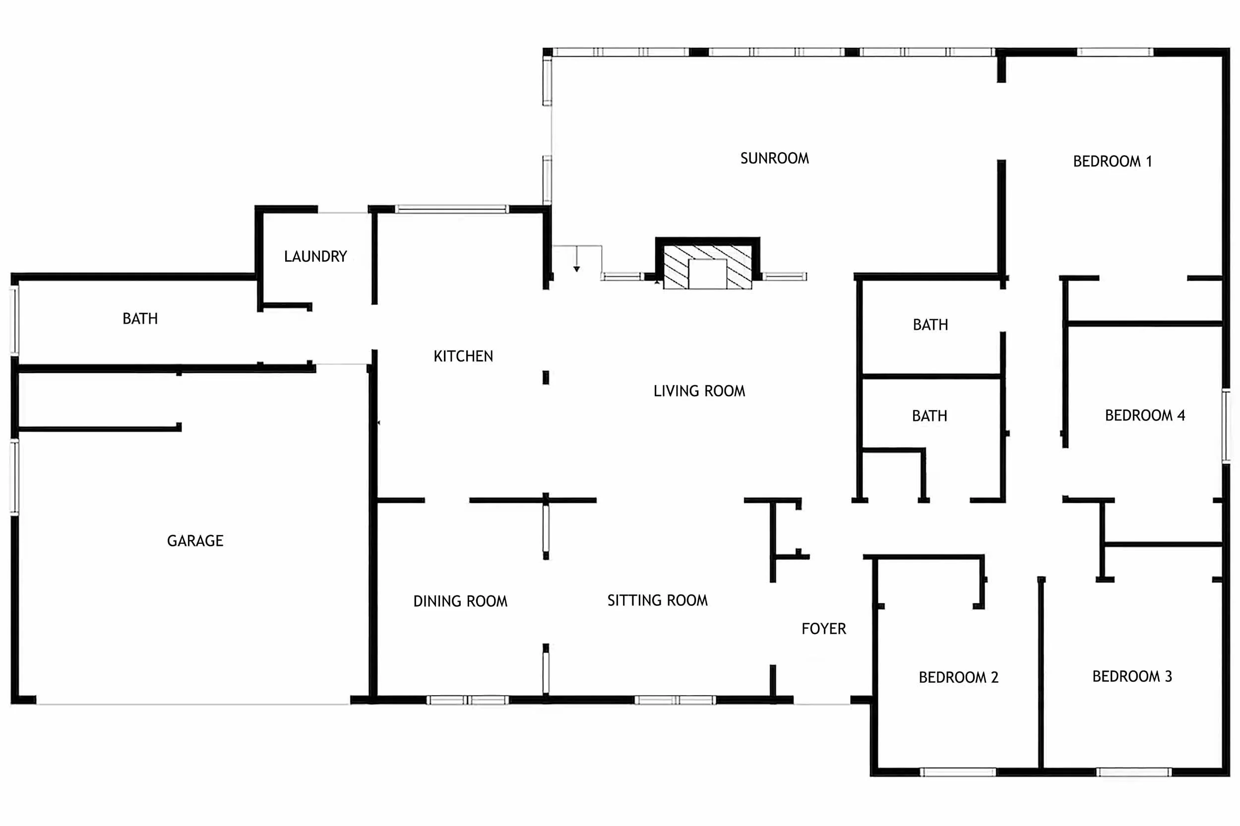 Floor plan of Pomelo House vacation rental home in Savannah, GA, between downtown and Tybee Island, showing 2,330+ sq. ft. of luxury coastal living space with 4 beds, 3 baths, plus sunroom and garage