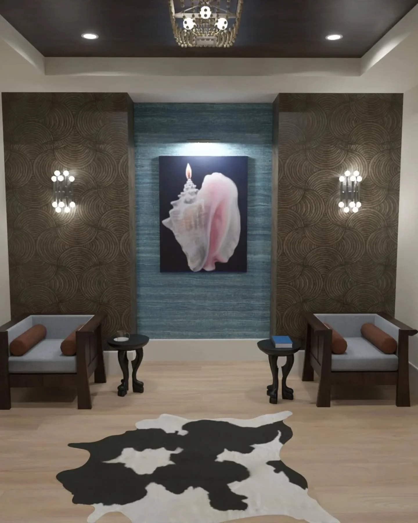 A foyer should set the tone for the rest of the home. This sitting lounge combines soft coastal blues with grounded earth tones to create a space that feels curated, calm, and classic. To keep a blue palette from feeling too "cool," layer i