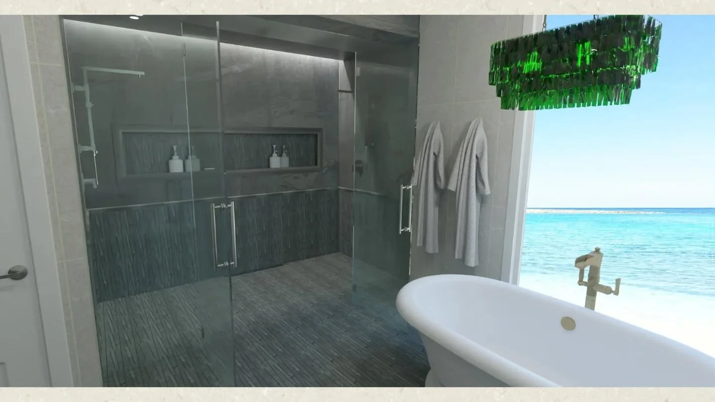 Dreaming of a retreat?  When you select design elements that align with how you want a space to feel, you start living more intentionally.
In this primary suite, we paired the grounded, earthy tones of deep marble with the lightness of the coast to c