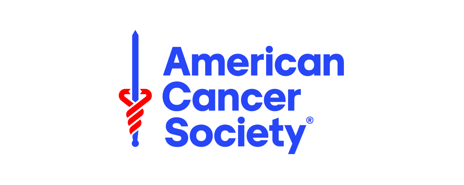 Logo of the American Cancer Society, featuring a blue sword with a red ribbon wrapped around it.