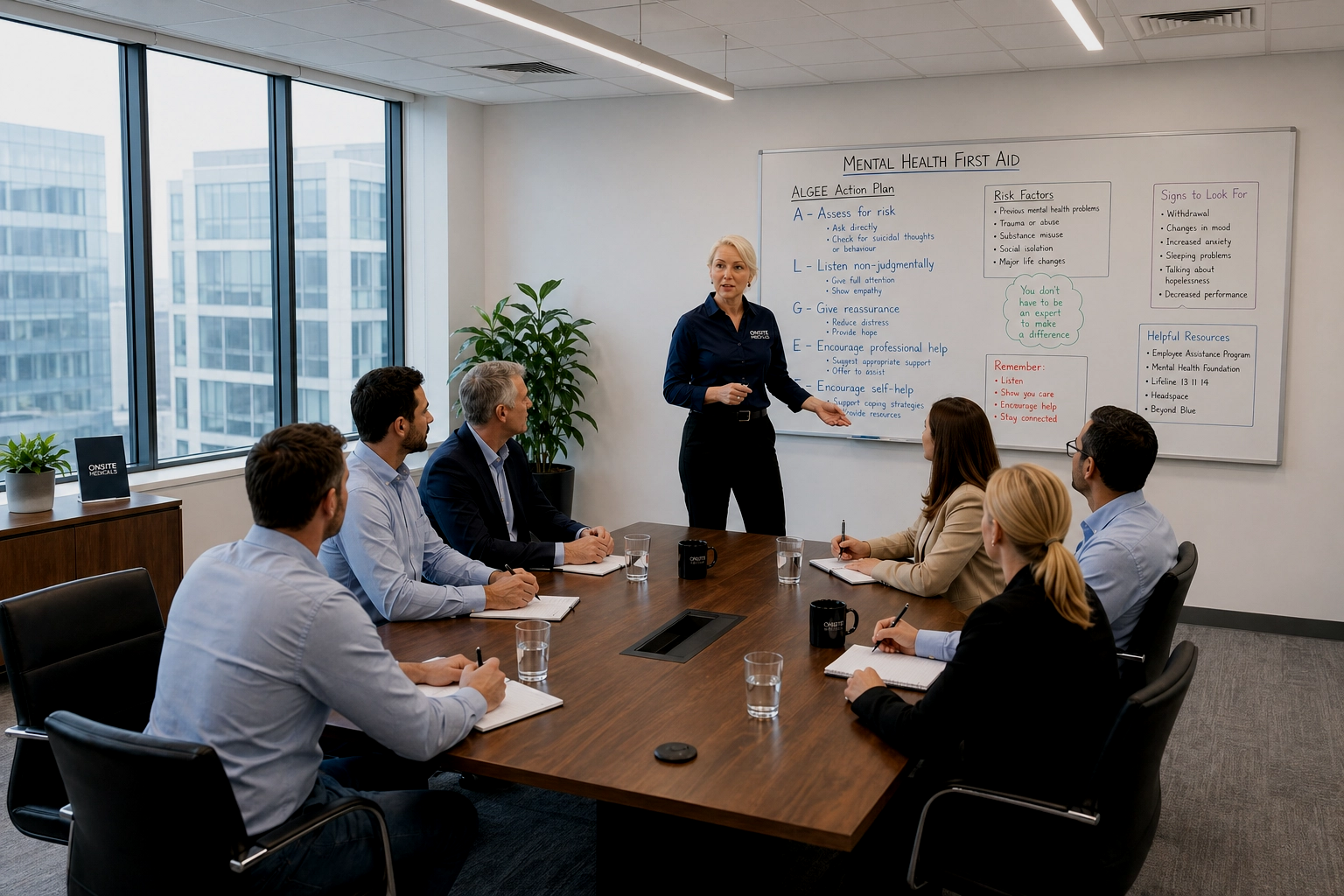 Business meeting in a modern conference room with large windows, featuring a woman presenting a whiteboard with information about mental health first aid to six attentive professionals taking notes.