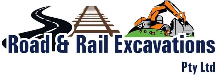 Logo for Road & Rail Excavations Pty Ltd featuring a stylized road, railway tracks, and an excavator.