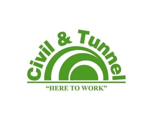 Logo for ‘Civil & Tunnel’ with green sun rays and the tagline ‘Here to Work’
