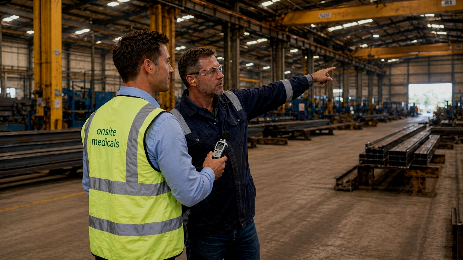 Two men at an industrial factory, one wearing a yellow vest that reads "onsite medicals," the other in a dark uniform, discussing and pointing towards the factory to assist in completing a worksite noise assessment in Sydney, NSW