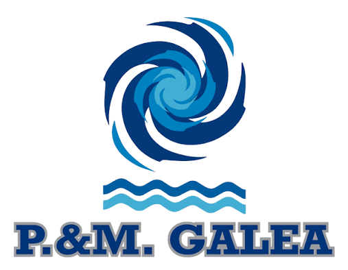 Logo of P&M Galea with a blue whirlpool above three wavy lines on a white background.
