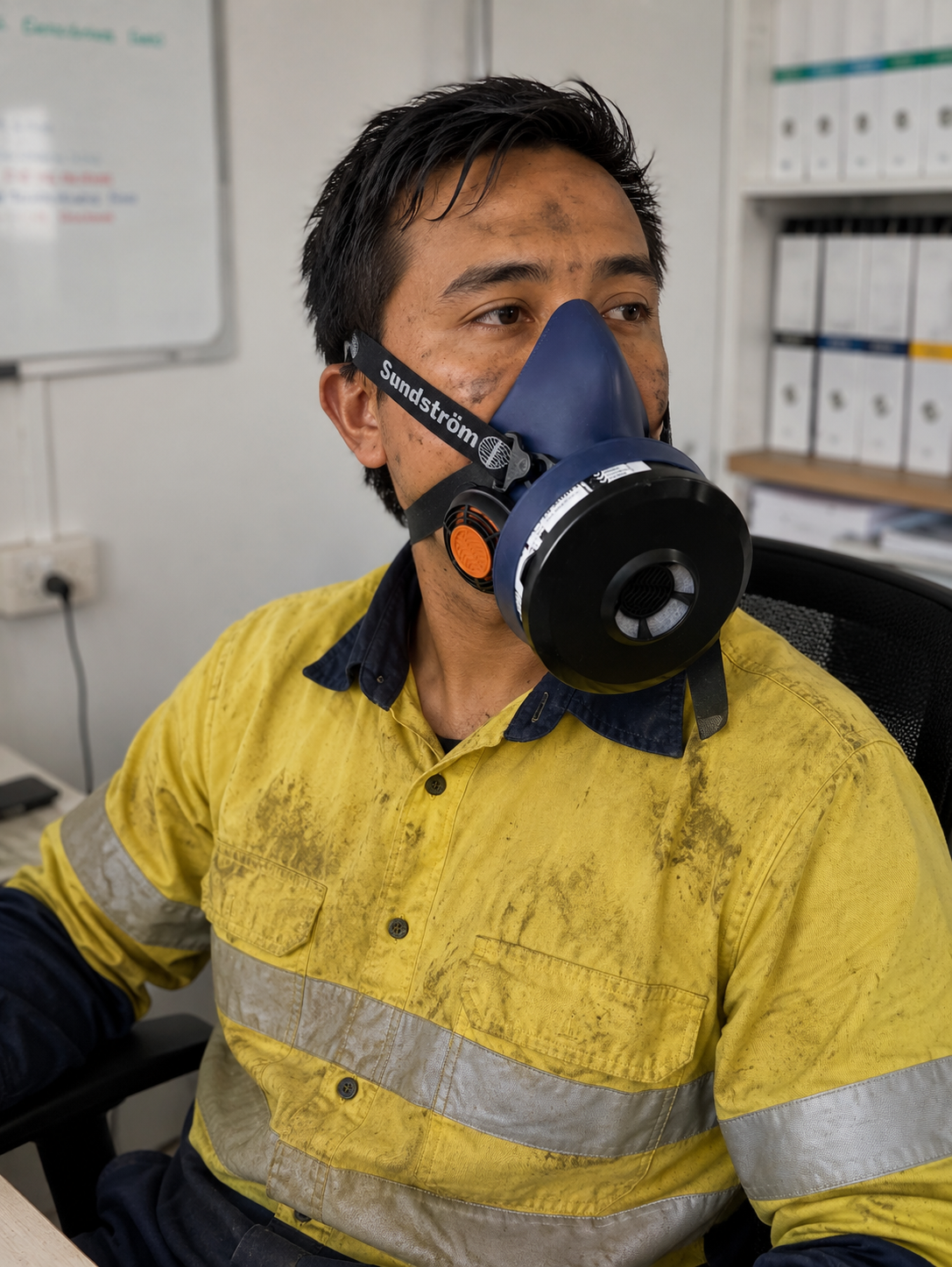 Asbestos remediation wearing a half face Sundstrom respirator having a fit test in a site office in Newcastle NSW