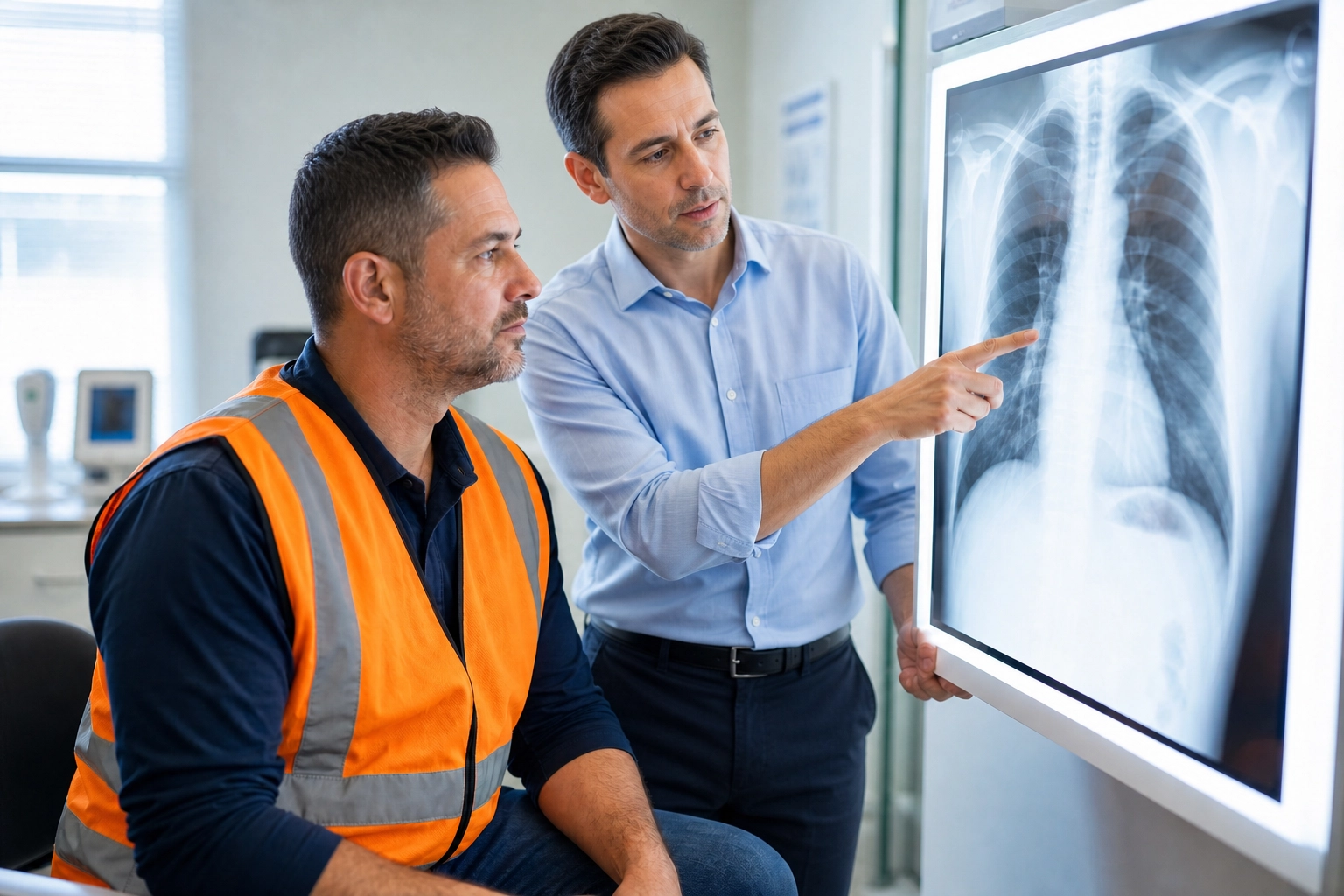 Onsite Medicals health physician showing chest X-ray films to a construction worker. This was part of a silica & asbestos medical which was carried out in North Sydney, NSW.