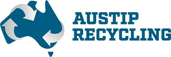 Logo of AUSTIP Recycling featuring a blue and gray recycling symbol forming the shape of Australia with the text AUSTIP RECYCLING.