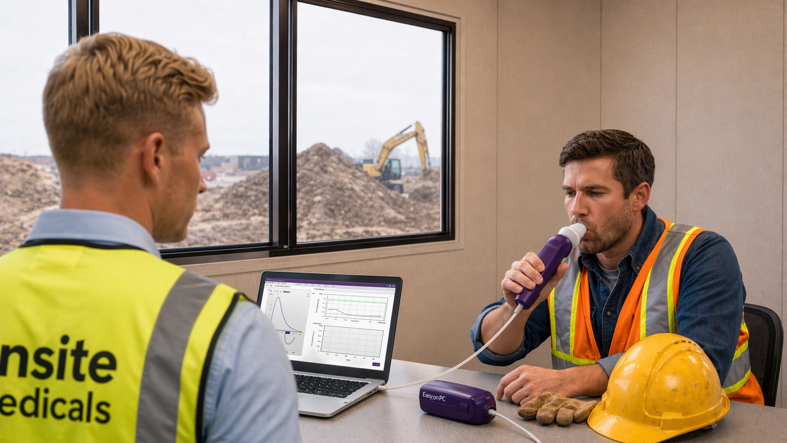 Onsite medicals staff conducting spirometry as part of a silica medical for a civil construction worker. The site office where the test is being conducted is located in Wollongong NSW.