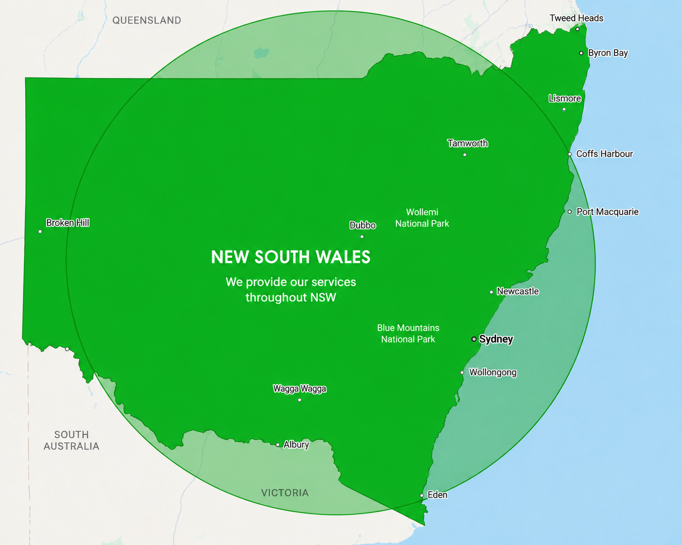 Map of New South Wales, Australia, highlighting major cities and national parks, with a green service coverage area and the text: 'New South Wales. We provide our services throughout NSW.'