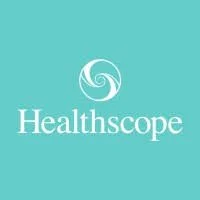 Healthscope logo with a stylized swirl symbol on a teal background