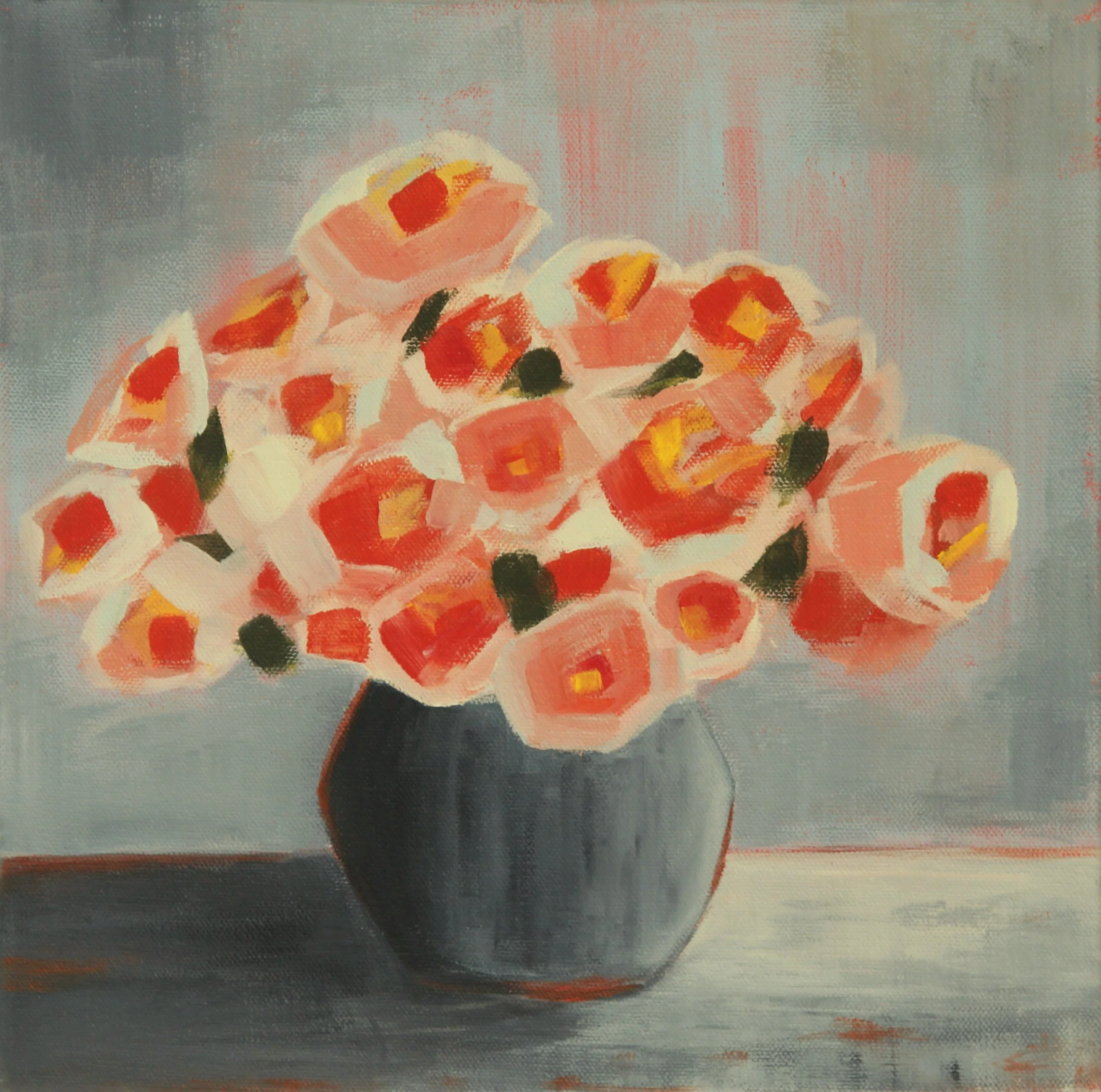 Small Roses in Blue Vase/12x12/acrylic on canvas/2024