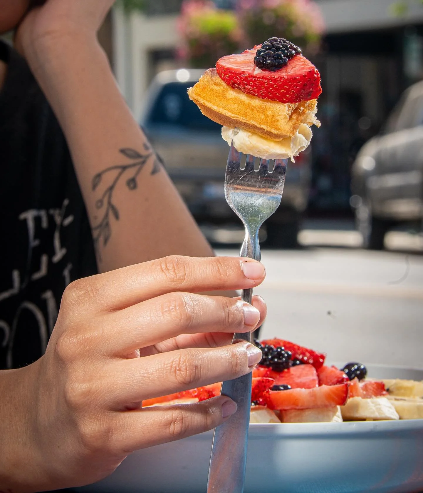 🧇Waffle goals🧇 

✨Stacked with bananas, strawberries, blackberries &amp; blueberries &mdash; topped off with a dreamy fruit drizzle 

🍊Paired with a fresh glass of OJ for that perfect morning fuel 

⏰Our hours of operation: 7:00am - 8:00pm (subjec