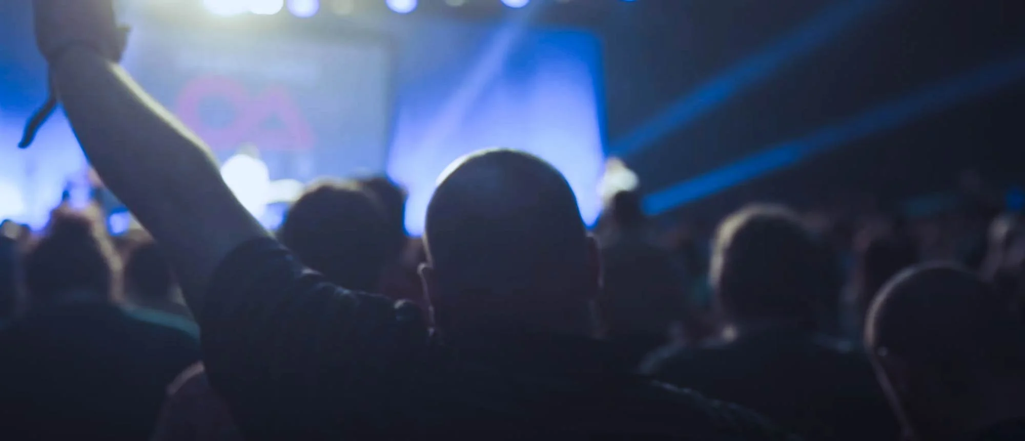 Crowd at concert with one person raising their hand, stage lights in the background.