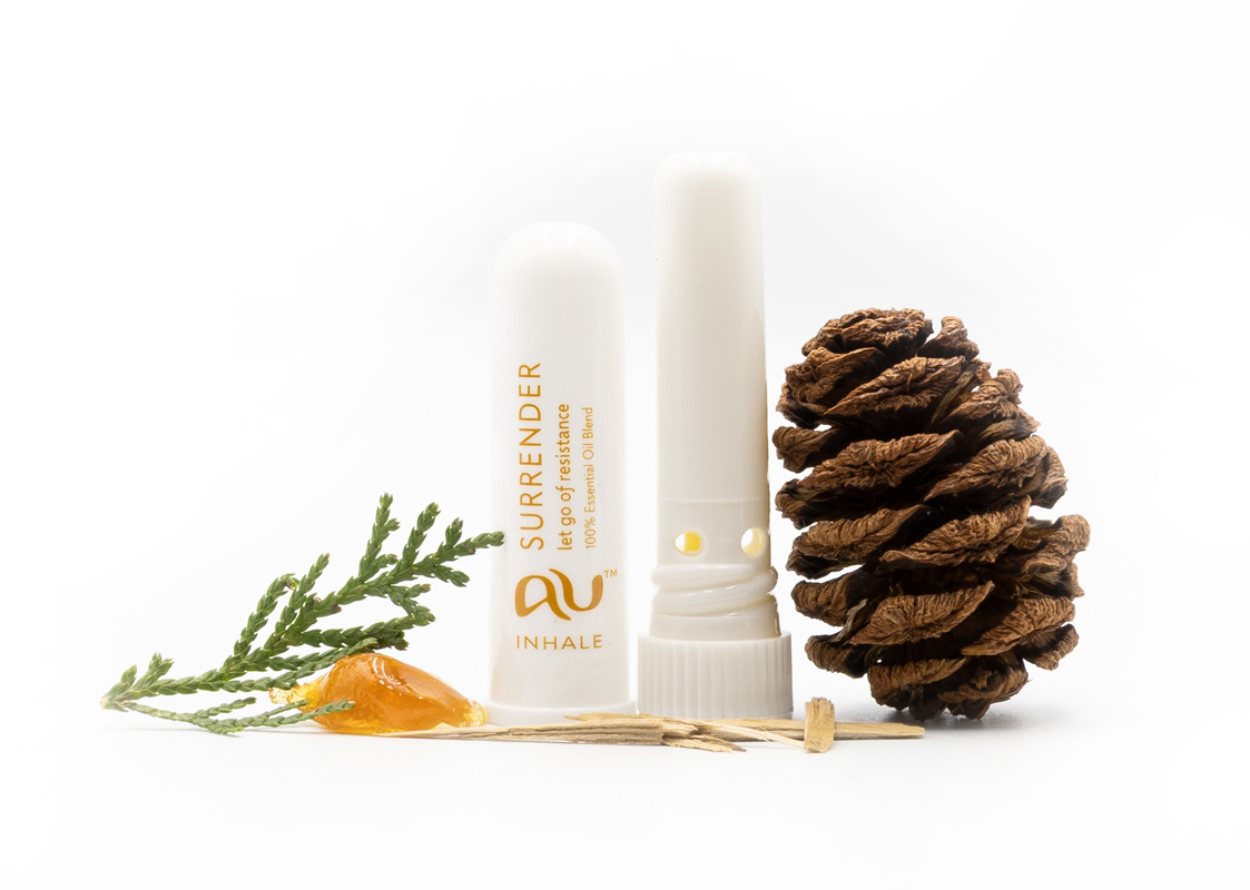 The Surrender Essential Oil inhaler is arranged on a white background, the cap has been taken off and it sitting next to the inhaler, surrounded by its ingredients - fruit, herbs and spices.