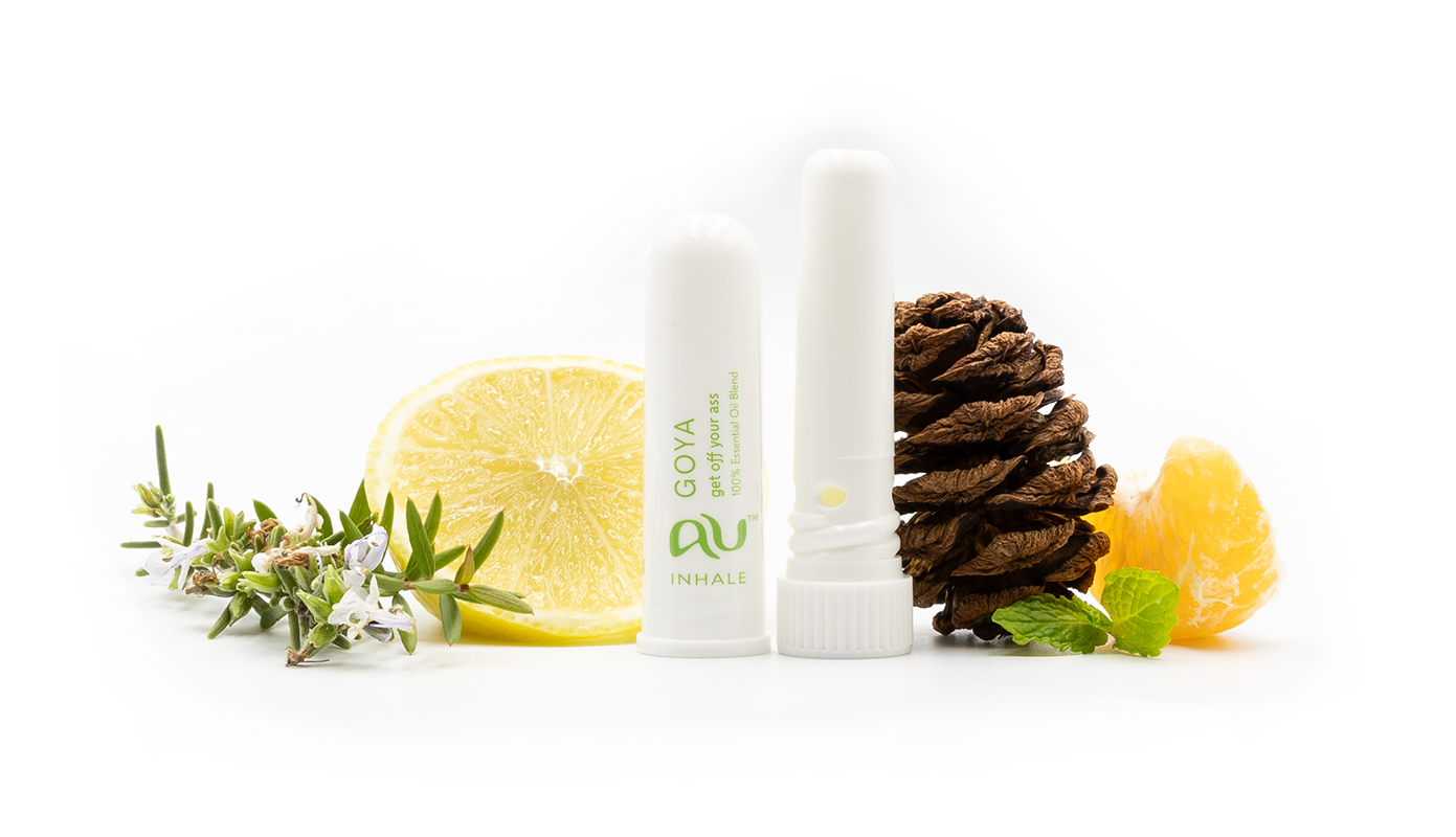 The GOYA Essential Oil inhaler is arranged on a white background, the cap has been taken off and it sitting next to the inhaler, surrounded by its ingredients - fruit, herbs and spices.