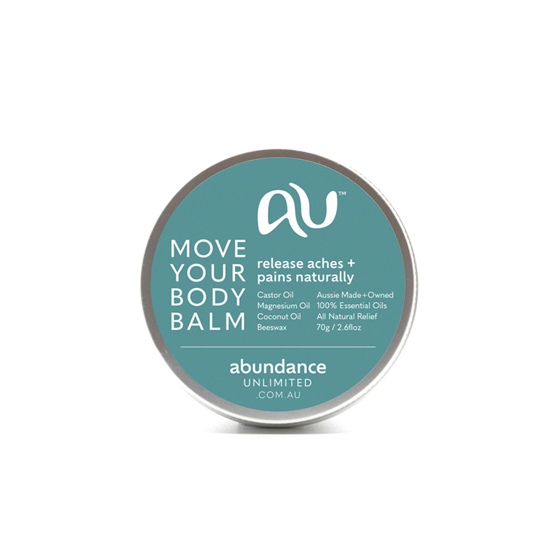 Tin of Move Your Body Balm, sitting on its side with the label in clear view