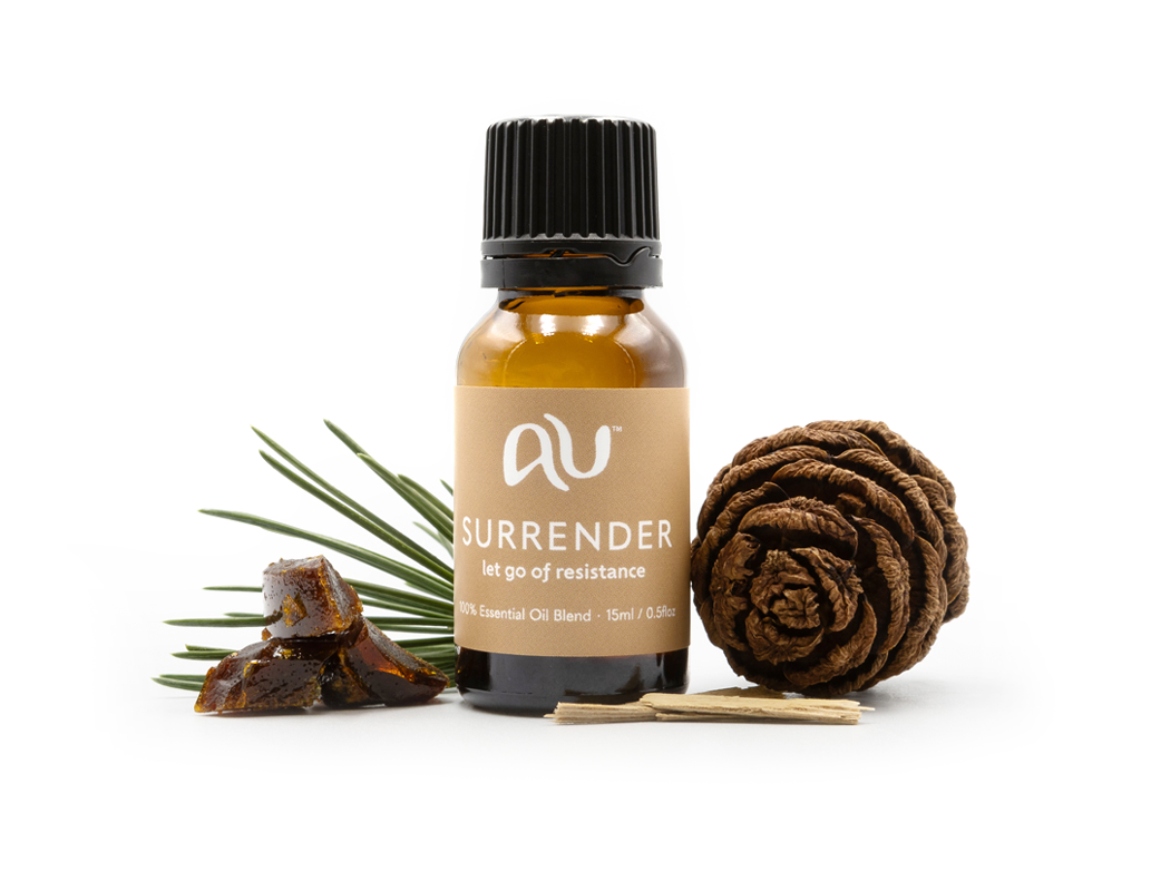 The Surrender Essential Oil Blend bottle is arranged on a white background surrounded by its ingredients - fruit, herbs and spices.