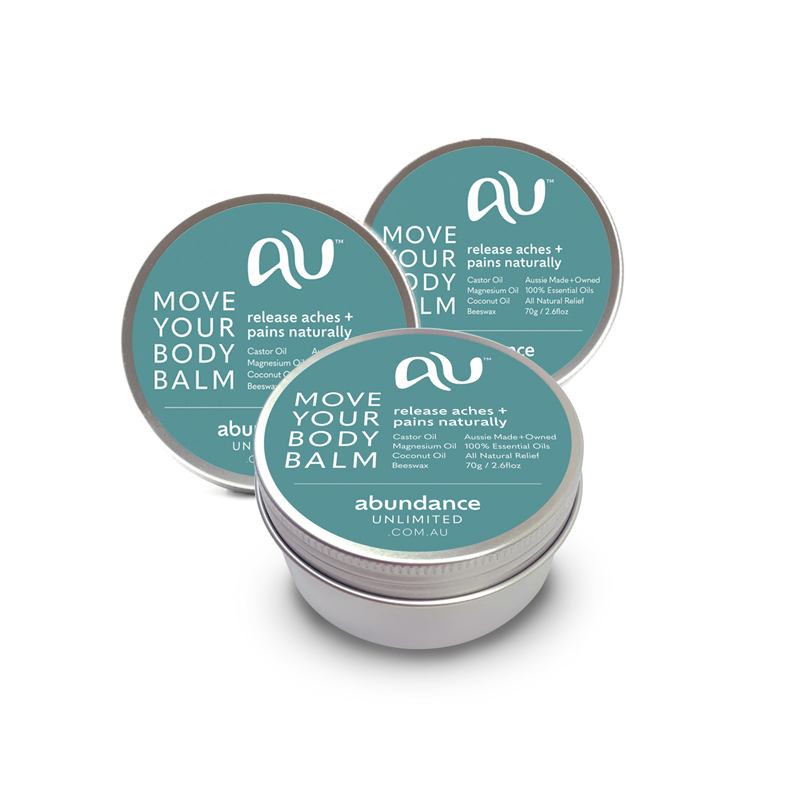 Three tins of Move Your Body Balm sit on a white background