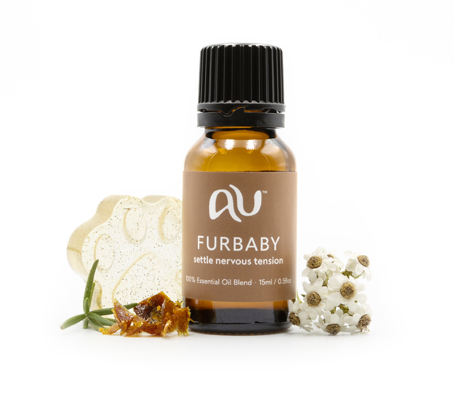The Furbaby Essential Oil Blend bottle is arranged on a white background surrounded by its ingredients - fruit, herbs and spices.
