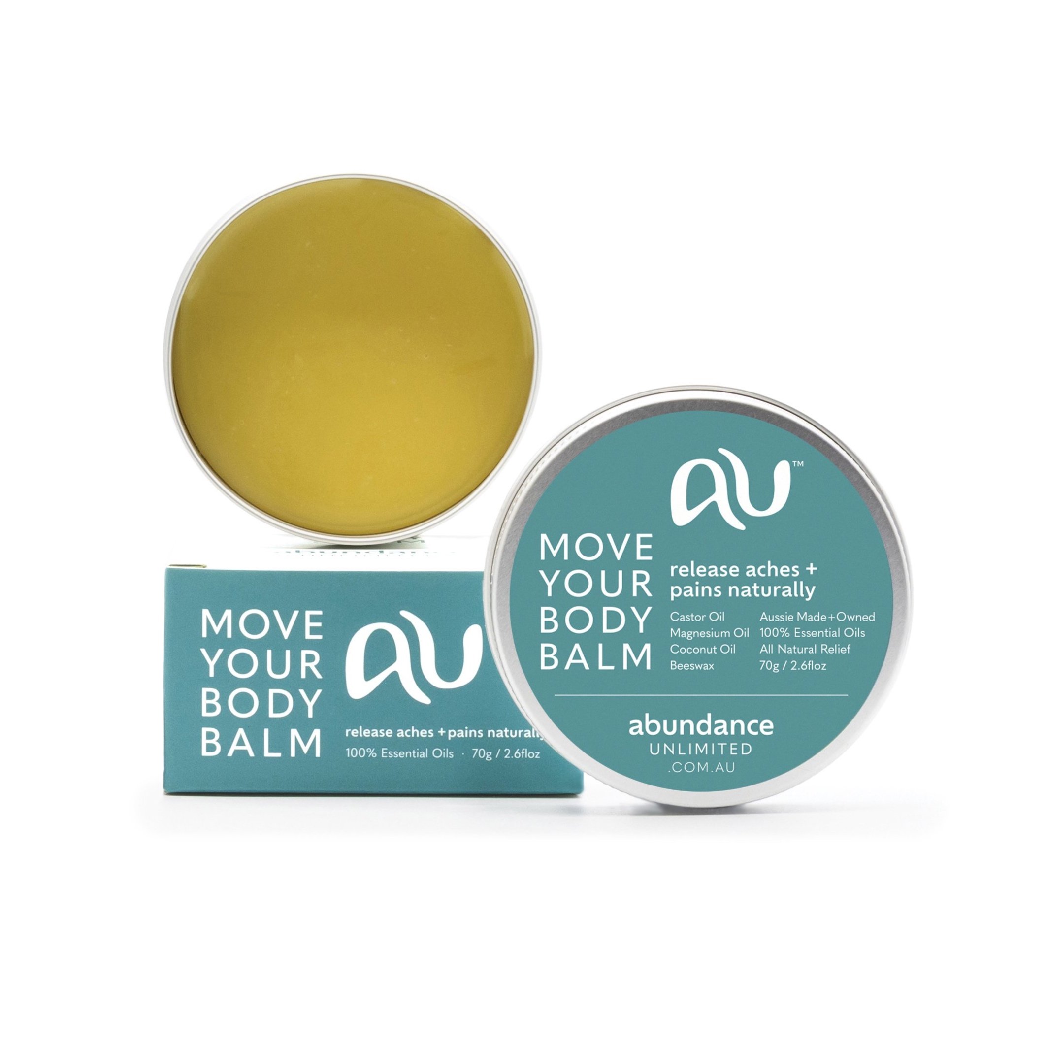 Move Your Body Balm sits on a white background in box form, tin form with lid closed and tin form with lid off so the balm is visible