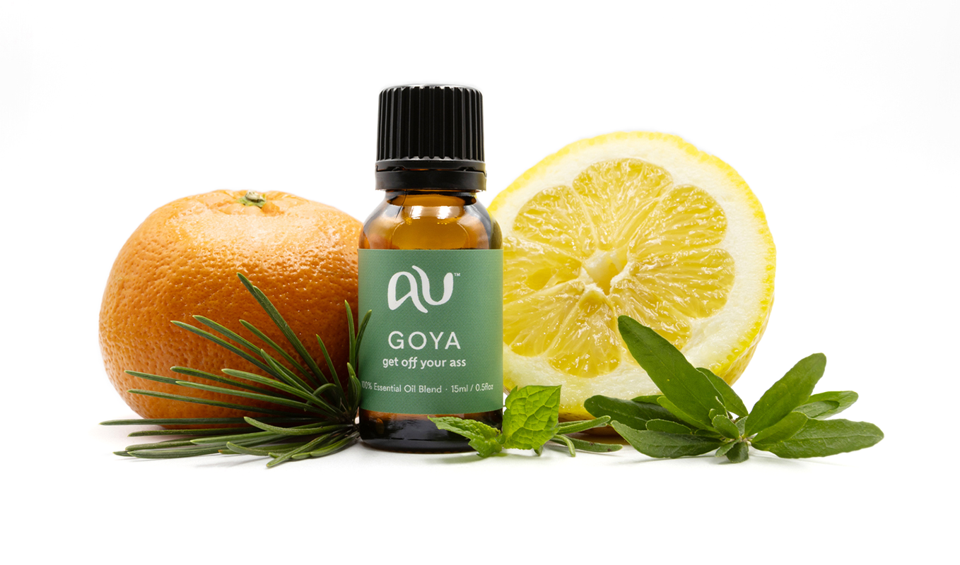The GOYA Essential Oil Blend bottle is arranged on a white background surrounded by its ingredients - fruit, herbs and spices.