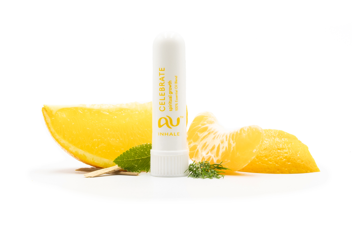 The Celebrate Essential Oil inhaler is arranged on a white background surrounded by its ingredients - fruit, herbs and spices.