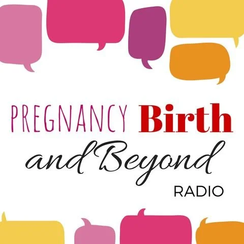 Graphic design with speech bubbles in pink, purple, yellow, and orange, and the text 'Pregnancy Birth and Beyond Radio' with varying fonts and colors.