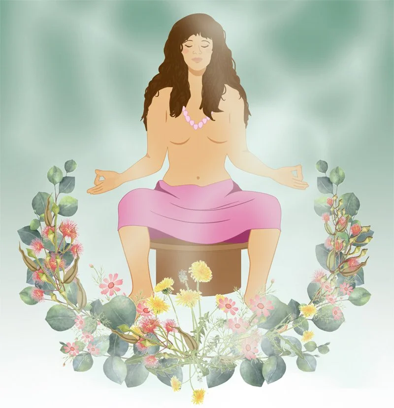 A woman sitting in a meditative pose on a stool, with her eyes closed and hands resting on her knees, surrounded by pink and yellow flowers and greenery.