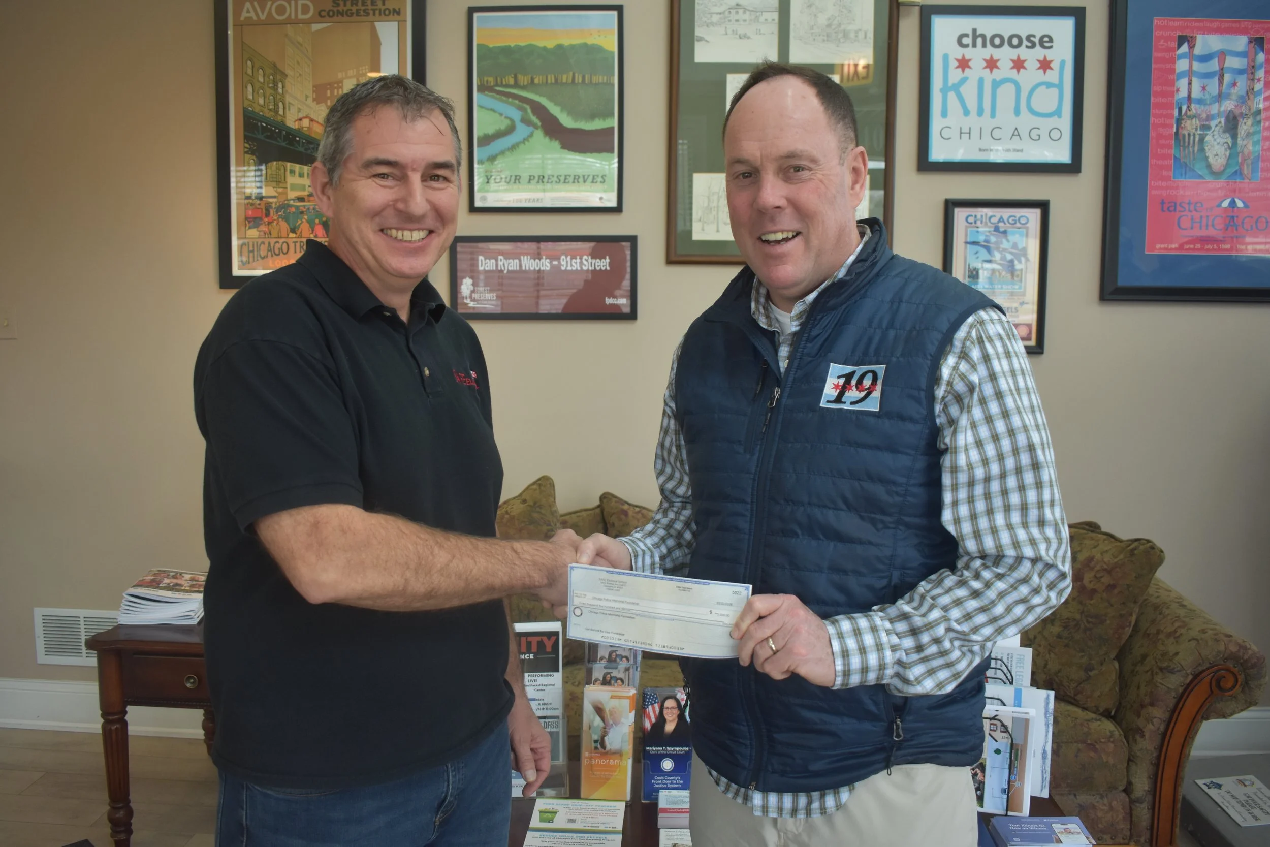 In support of the Get Behind the Vest fund raiser, Charles presented a donation of $3,500 to 19th Ward Ald. Matt O’Shea at the ward office on March 4. O’Shea hosts the annual fundraiser for the Chicago Police Memorial Foundation (CPMF) initiative to 