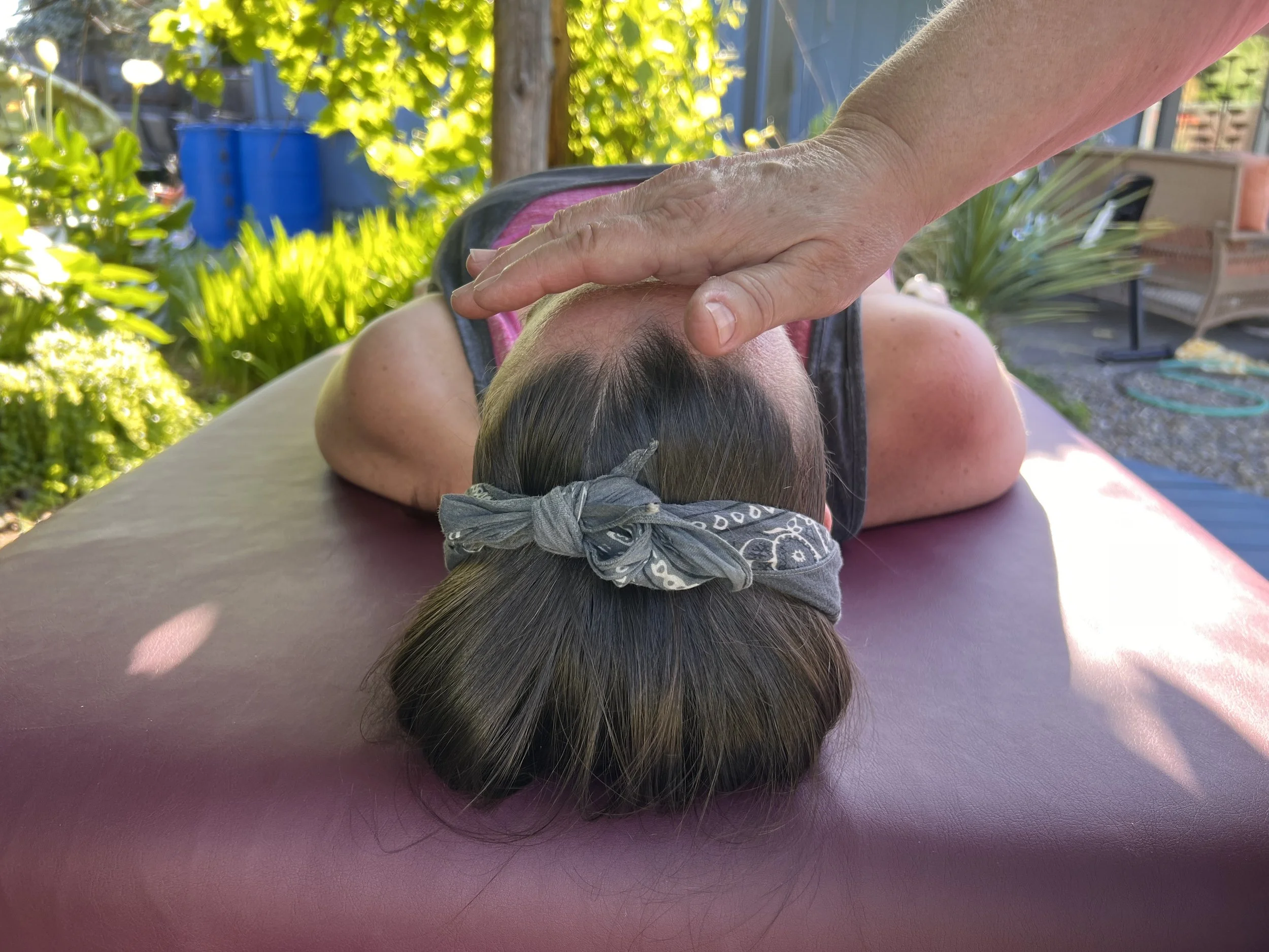 Mary Zephyr, Certified Reiki Master Teacher at Healthy Manifestations in Springfield, Oregon, offering Reiki to a client outdoors from above the head, serving the Eugene–Springfield community with heart-centered energy work.