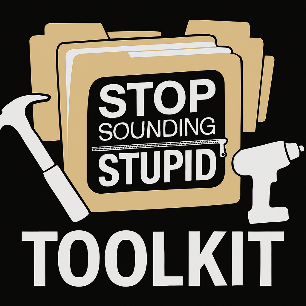 An illustration of a toolkit with a folder labeled "Stop Sounding Stupid," a hammer, and a cordless drill, with the word "Toolkit" at the bottom.