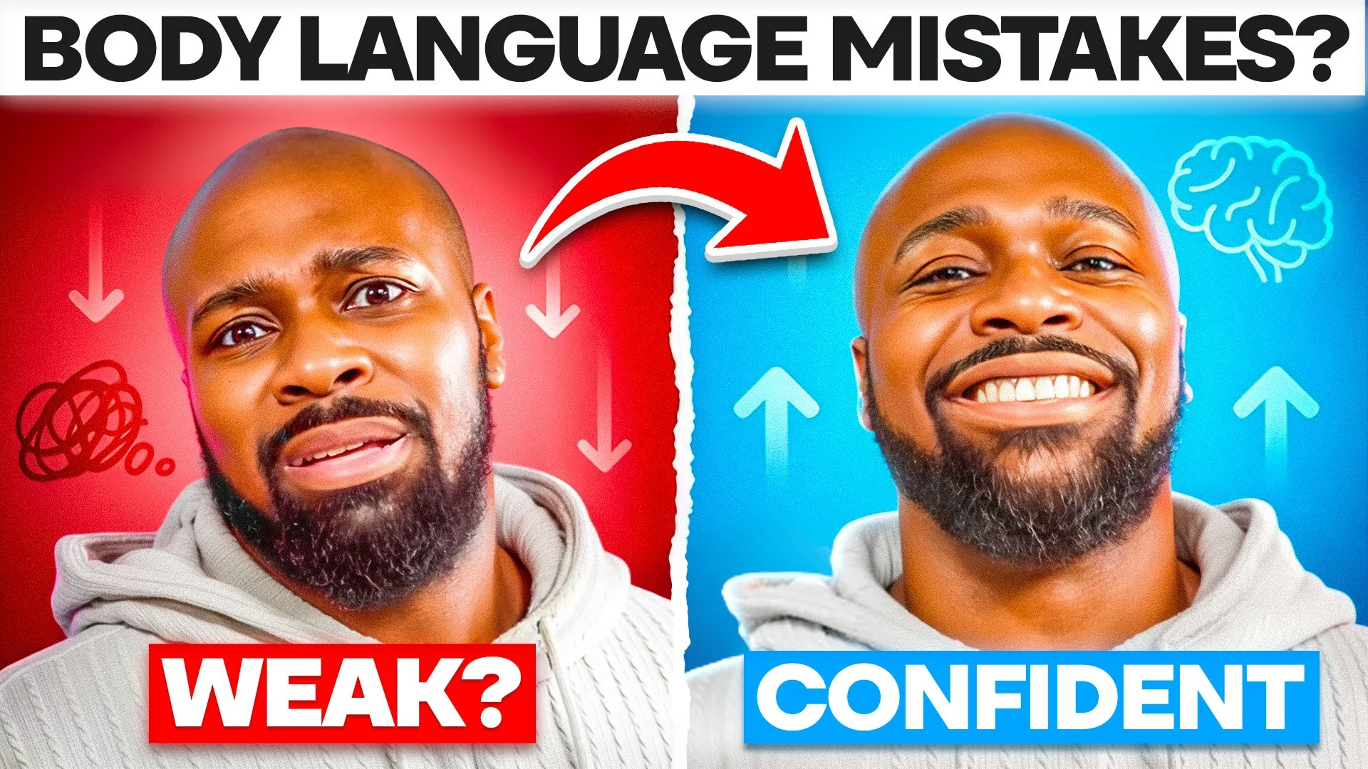 Comparison of a stressed man on the left with a red background and a confident man on the right with a blue background, with text questioning body language mistakes and showing the words "Weak?" and "Confident".