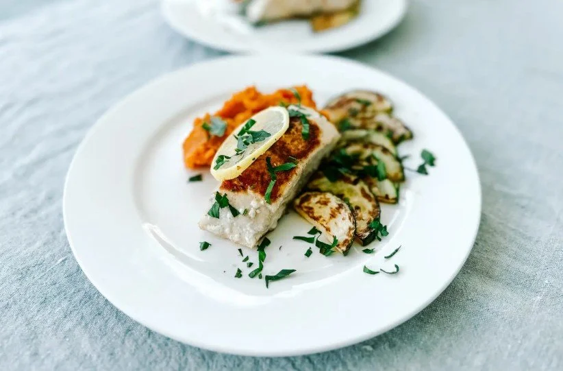 Baked Snapper with Zucchini and Sweet Potato Mash