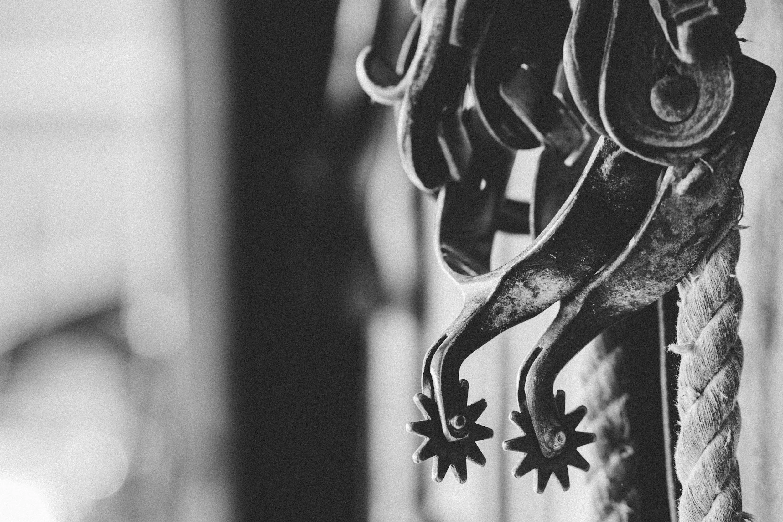 Close-up of old, rusty metal horsehair curlers hanging on a wall with a rope nearby, black and white photography.