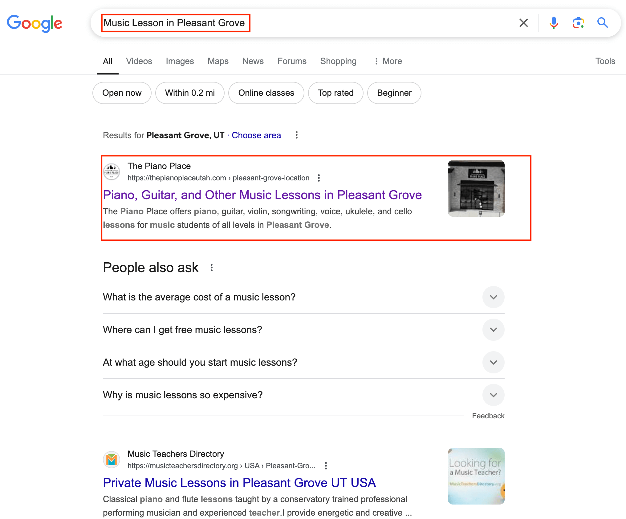 The Piano Place Search Results on top of Google.