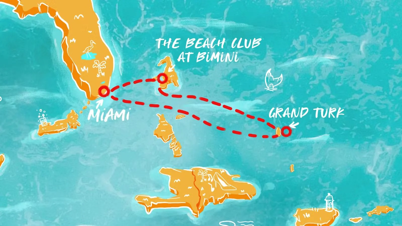 Map showing the locations of The Beach Club at Bimini, Miami, and Grand Turk, with dotted lines connecting them, on a turquoise background with illustrated islands and water.